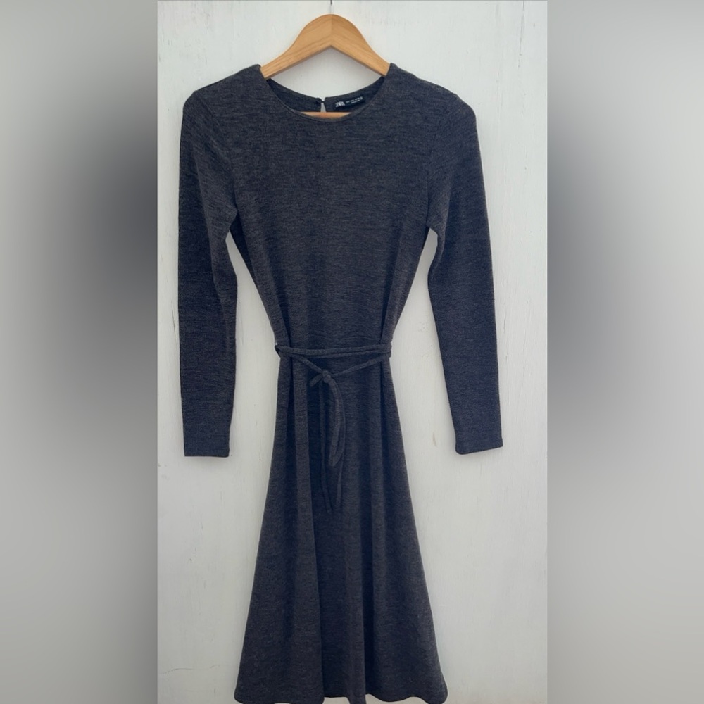 ZARA Gray Knit Sweater A Line Maxi Dress Removable Tie Waist Stretch Size S